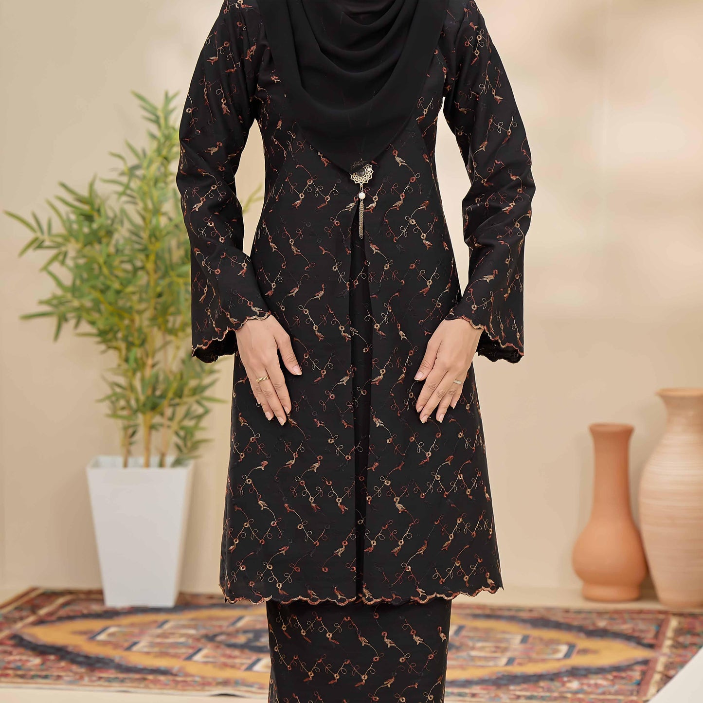 CLARA RIZQA - CLARISSA baju kurung muslimah material Cotton Linen Embossed With 3 Tone Colour Embroidery