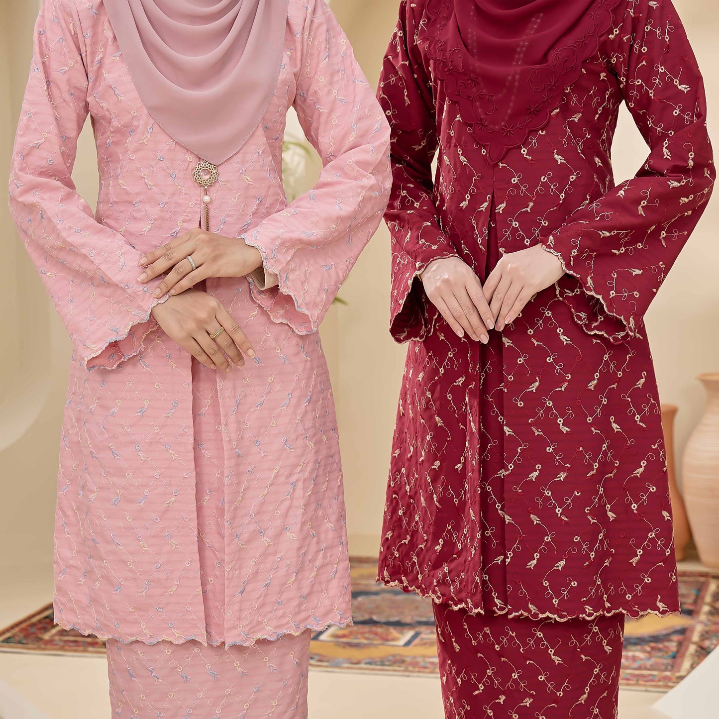 CLARA RIZQA - CLARISSA baju kurung muslimah material Cotton Linen Embossed With 3 Tone Colour Embroidery