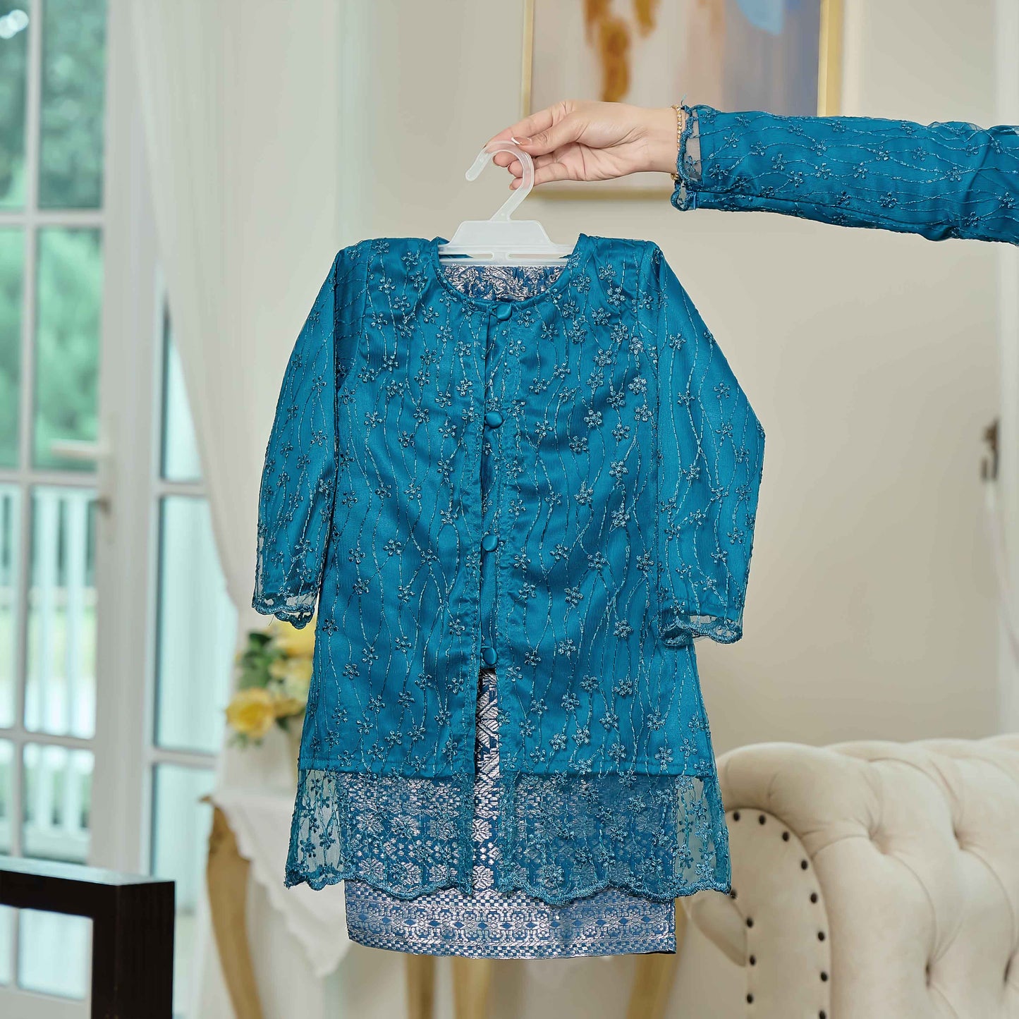 CLARA RIZQA - Laurabelle Kids baju kurung muslimah material embroidery lace + satin velvet(lining) + songket