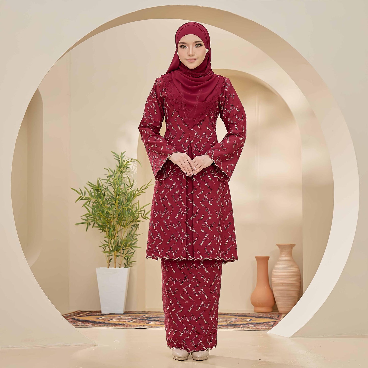 CLARA RIZQA - CLARISSA baju kurung muslimah material Cotton Linen Embossed With 3 Tone Colour Embroidery
