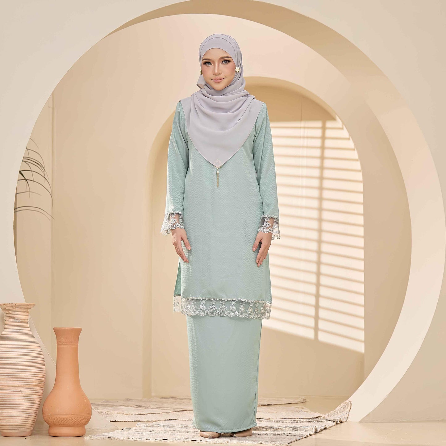 CLARA RIZQA - BRYNDA Baju Kurung muslimah sutera dobby & lace tangan