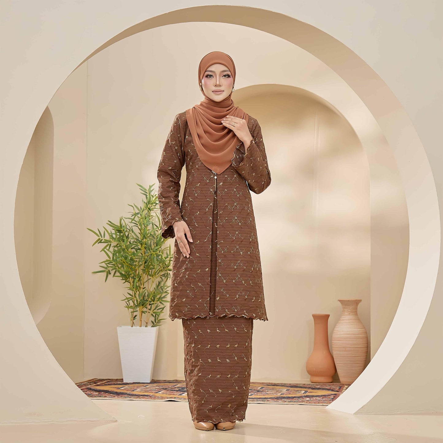 CLARA RIZQA - CLARISSA baju kurung muslimah material Cotton Linen Embossed With 3 Tone Colour Embroidery