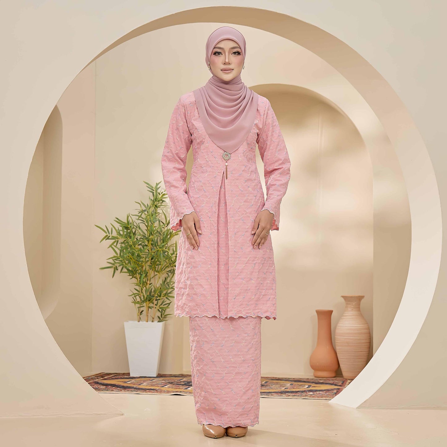 CLARA RIZQA - CLARISSA baju kurung muslimah material Cotton Linen Embossed With 3 Tone Colour Embroidery
