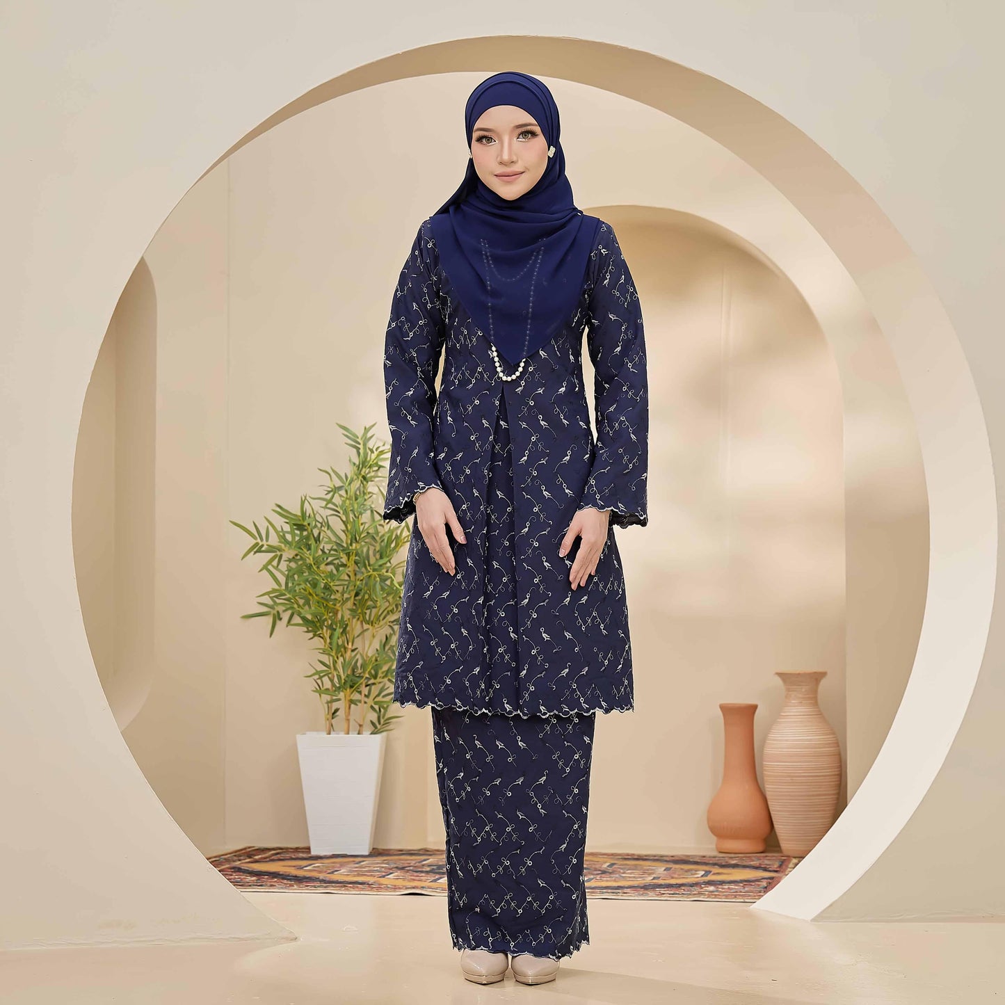CLARA RIZQA - CLARISSA baju kurung muslimah material Cotton Linen Embossed With 3 Tone Colour Embroidery