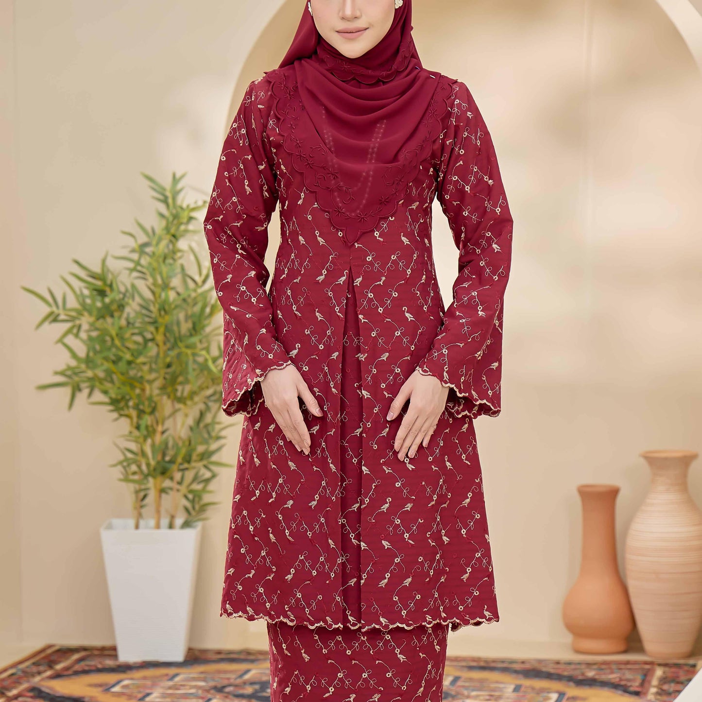 CLARA RIZQA - CLARISSA baju kurung muslimah material Cotton Linen Embossed With 3 Tone Colour Embroidery