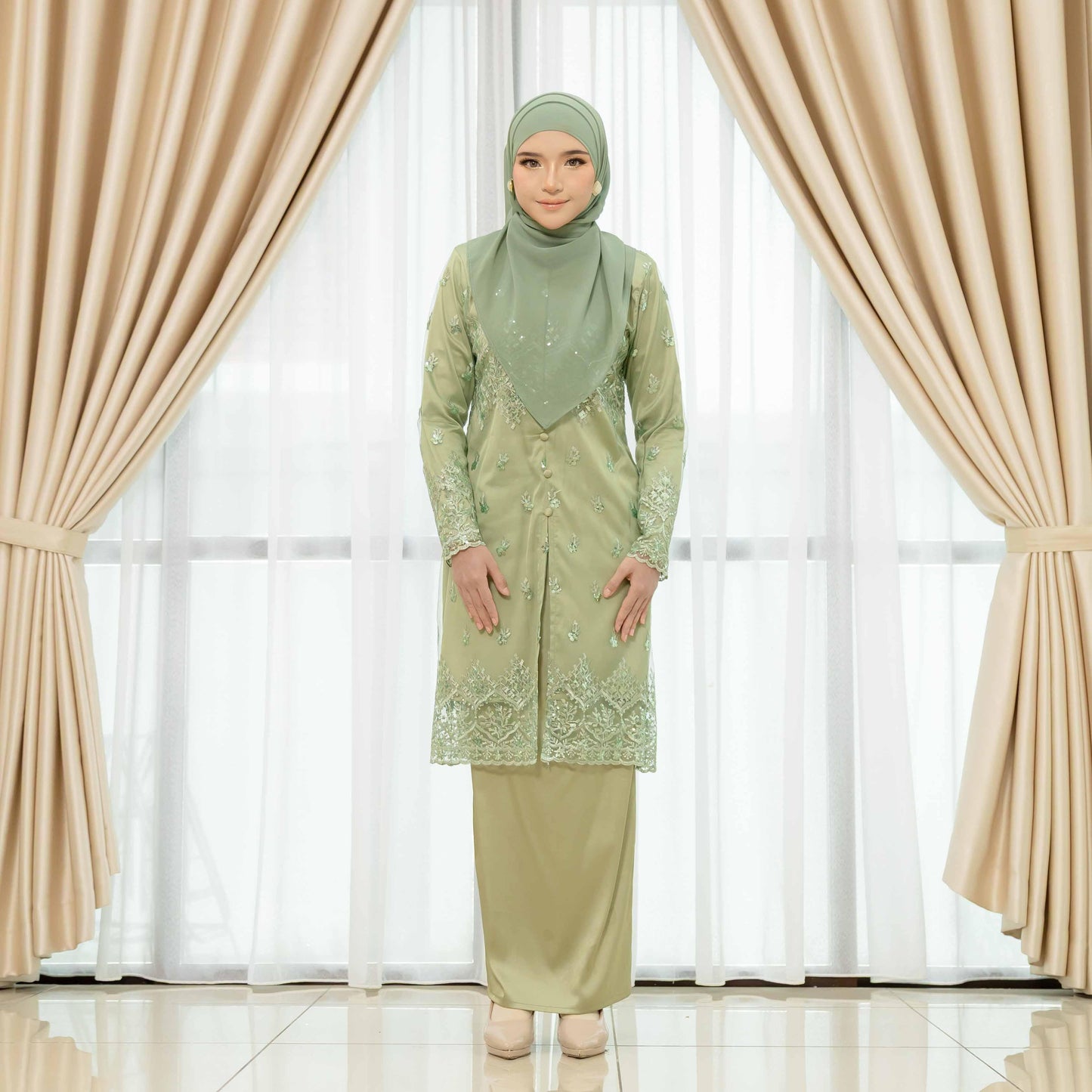 CLARA RIZQA - GRACE Baju Kurung Muslimah mom lace Sutera Luminous dengan Zip Vertikal Tersembunyi & Bf Friendly