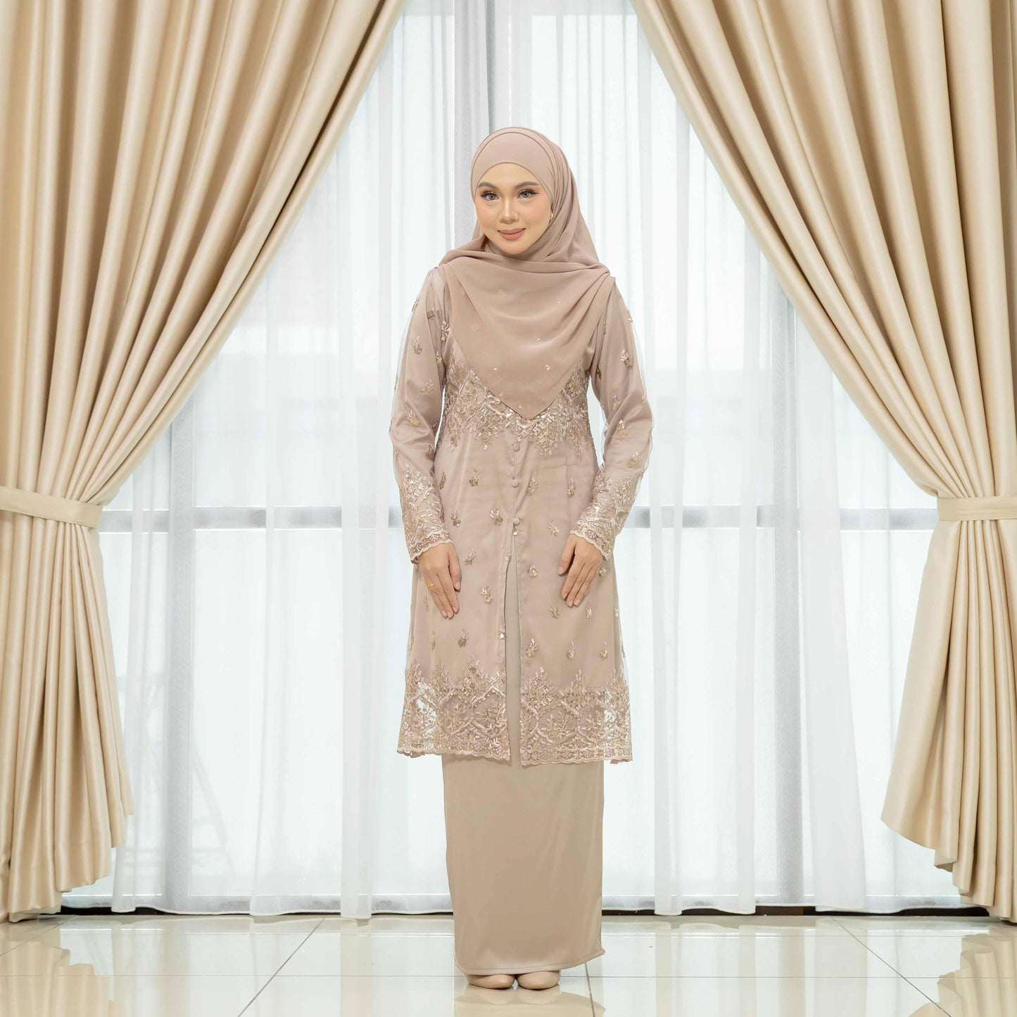 CLARA RIZQA - GRACE Baju Kurung Muslimah mom lace Sutera Luminous dengan Zip Vertikal Tersembunyi & Bf Friendly
