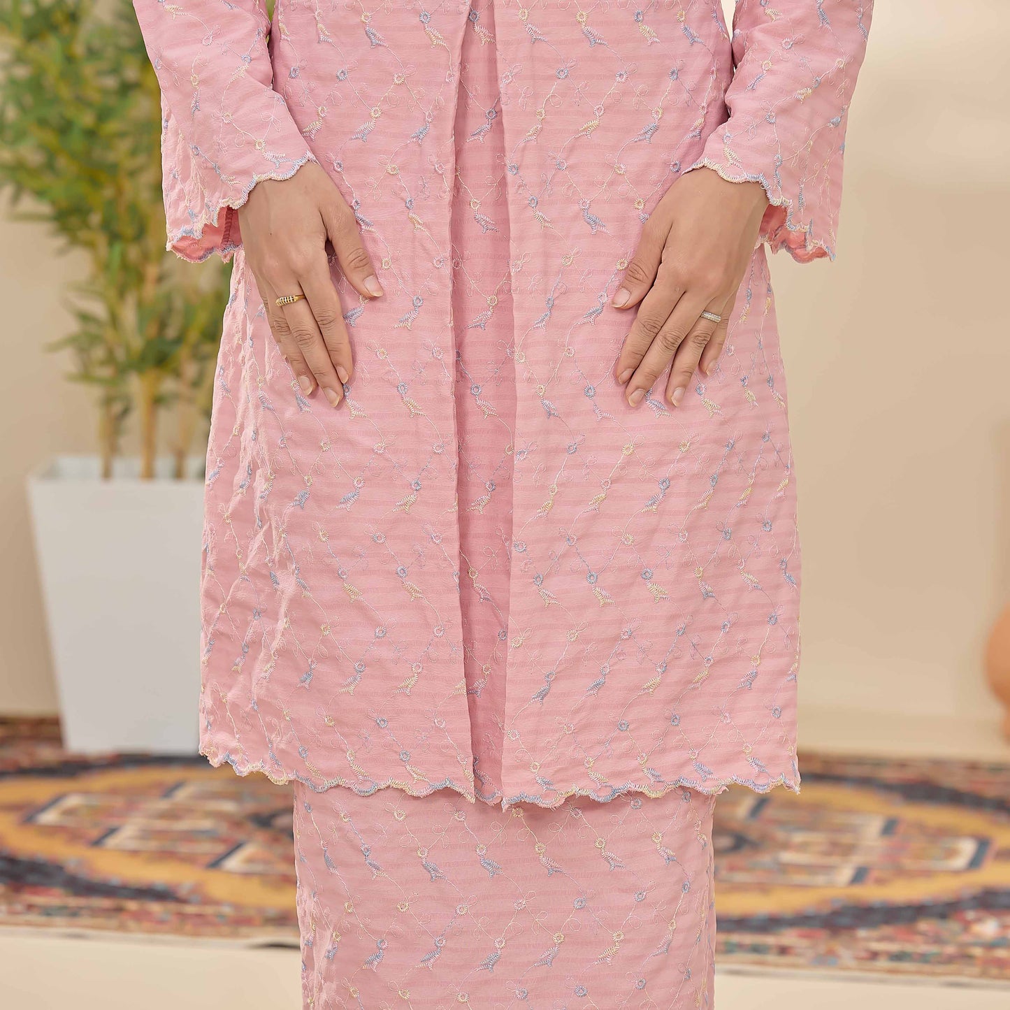 CLARA RIZQA - CLARISSA baju kurung muslimah material Cotton Linen Embossed With 3 Tone Colour Embroidery