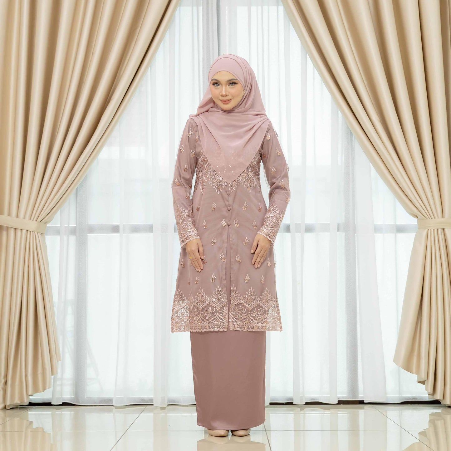 CLARA RIZQA - GRACE Baju Kurung Muslimah mom lace Sutera Luminous dengan Zip Vertikal Tersembunyi & Bf Friendly