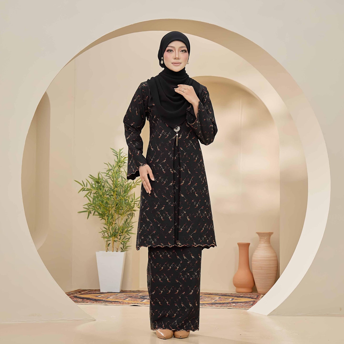 CLARA RIZQA - CLARISSA baju kurung muslimah material Cotton Linen Embossed With 3 Tone Colour Embroidery