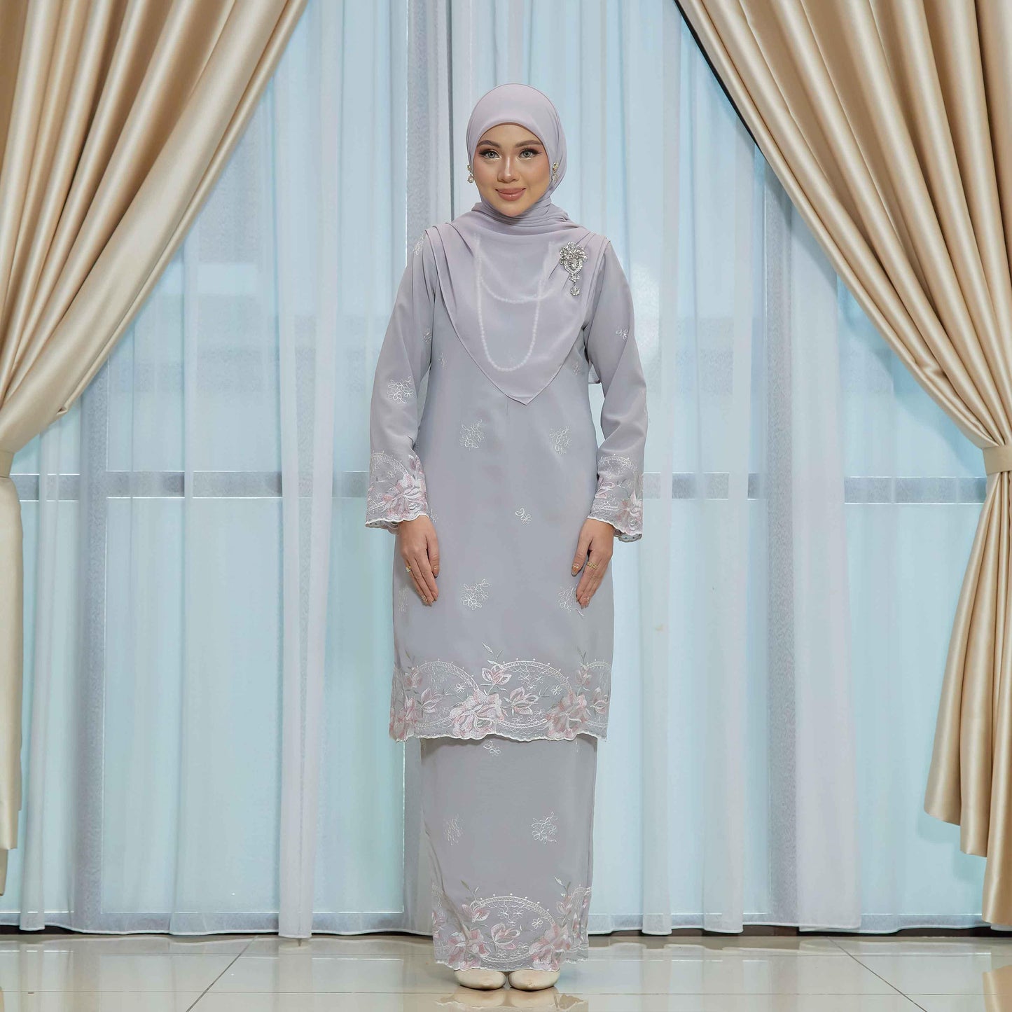 CLARA RIZQA - DEEROSE kurung cantik material chiffon embroidery with lining como crepe