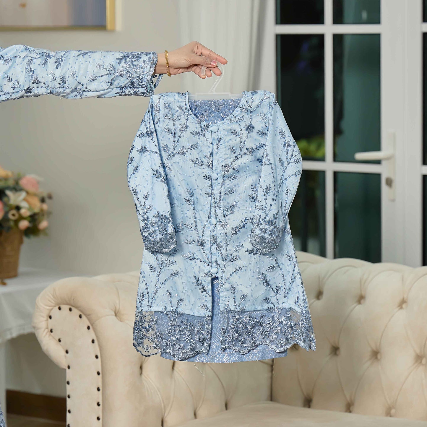 CLARA RIZQA - ROSSABELLE Kids baju kurung muslimah material embroidery lace + satin velvet(lining) + songket