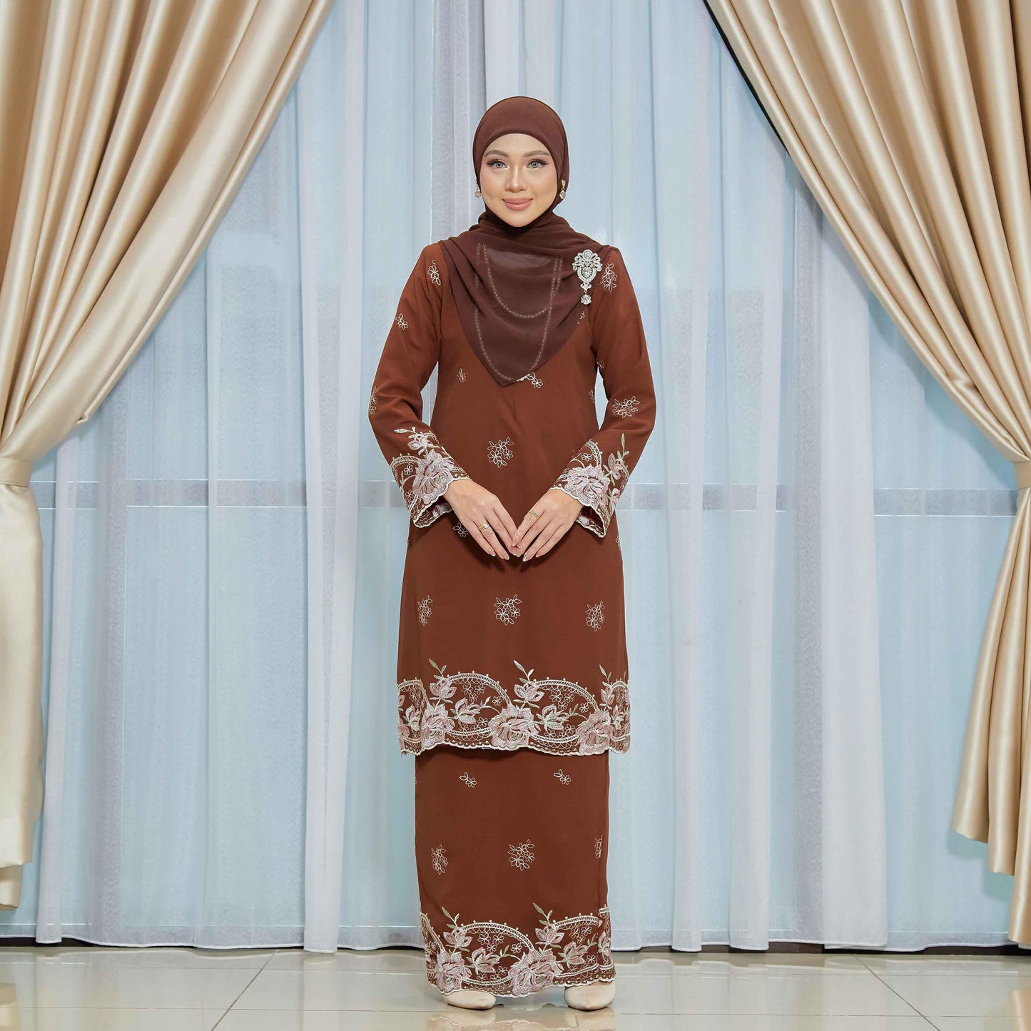 CLARA RIZQA - DEEROSE kurung cantik material chiffon embroidery with lining como crepe