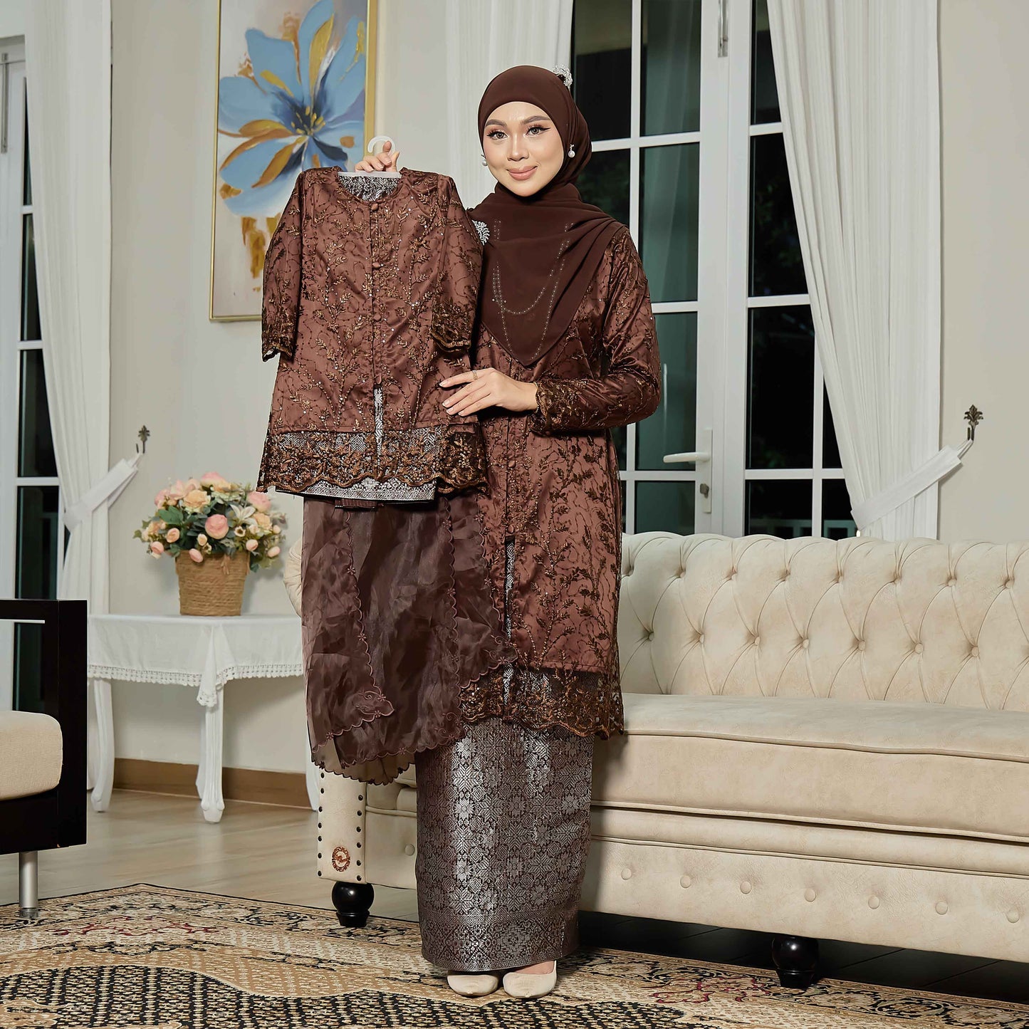 CLARA RIZQA - ROSSABELLE Kids baju kurung muslimah material embroidery lace + satin velvet(lining) + songket