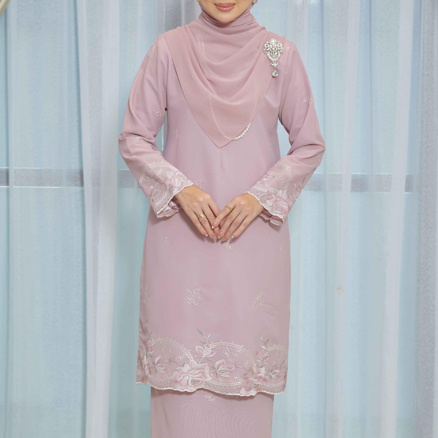 CLARA RIZQA - DEEROSE kurung cantik material chiffon embroidery with lining como crepe