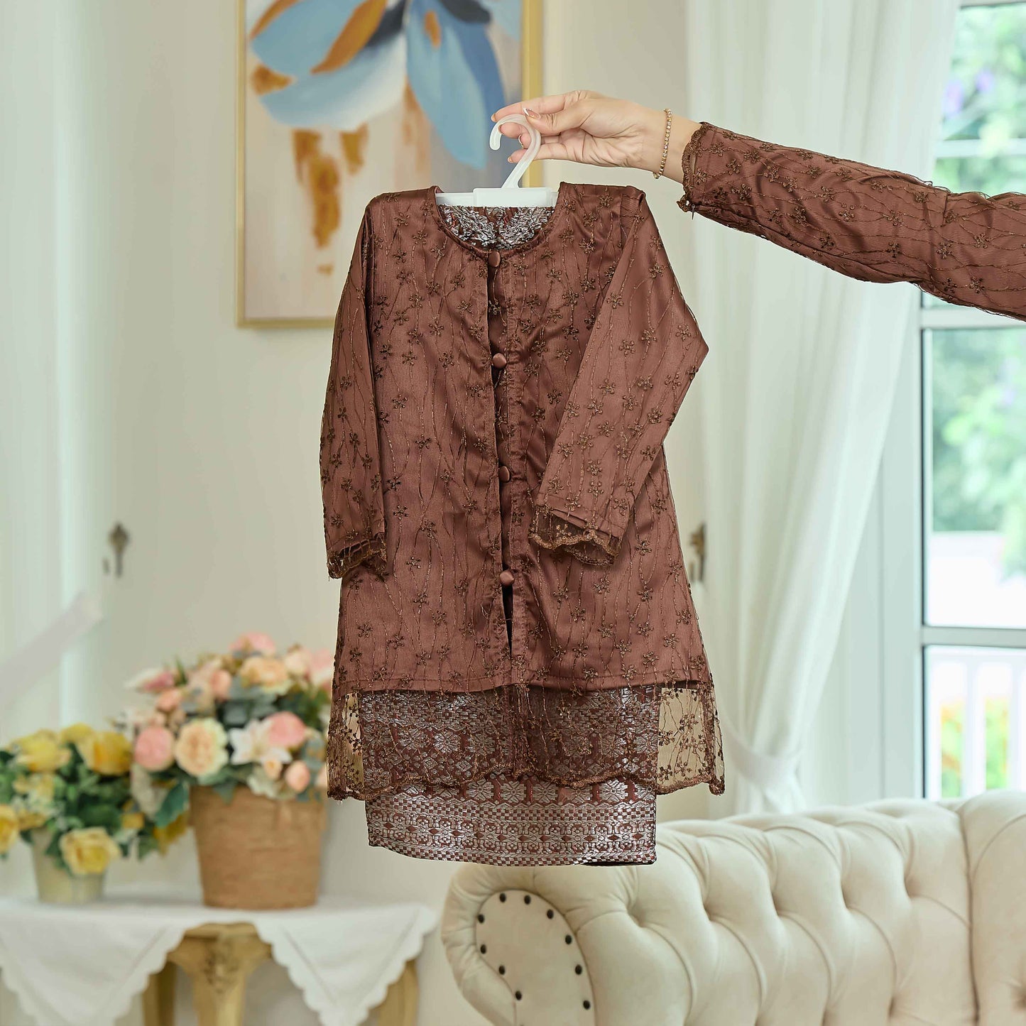 CLARA RIZQA - Laurabelle Kids baju kurung muslimah material embroidery lace + satin velvet(lining) + songket