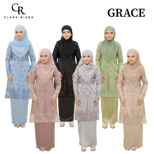 CLARA RIZQA - GRACE Baju Kurung Muslimah mom lace Sutera Luminous dengan Zip Vertikal Tersembunyi & Bf Friendly