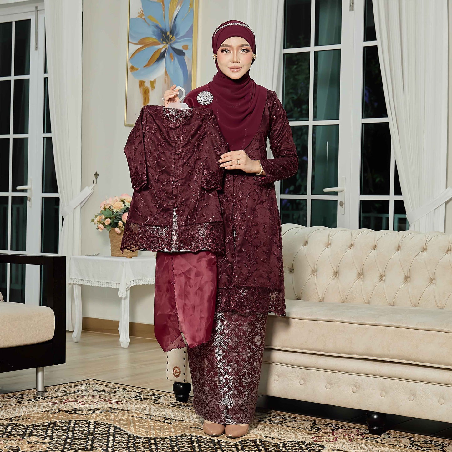 CLARA RIZQA - ROSSABELLE Kids baju kurung muslimah material embroidery lace + satin velvet(lining) + songket