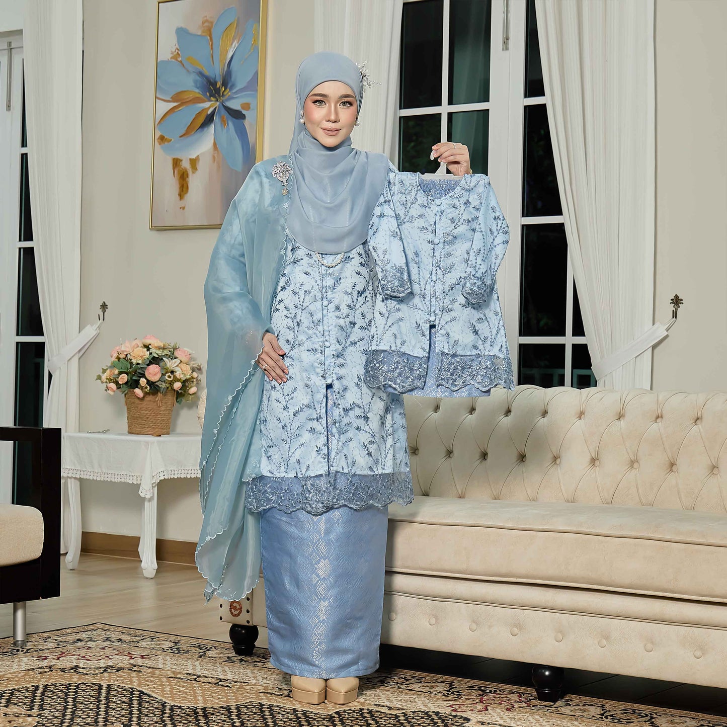 CLARA RIZQA - ROSSABELLE Kids baju kurung muslimah material embroidery lace + satin velvet(lining) + songket