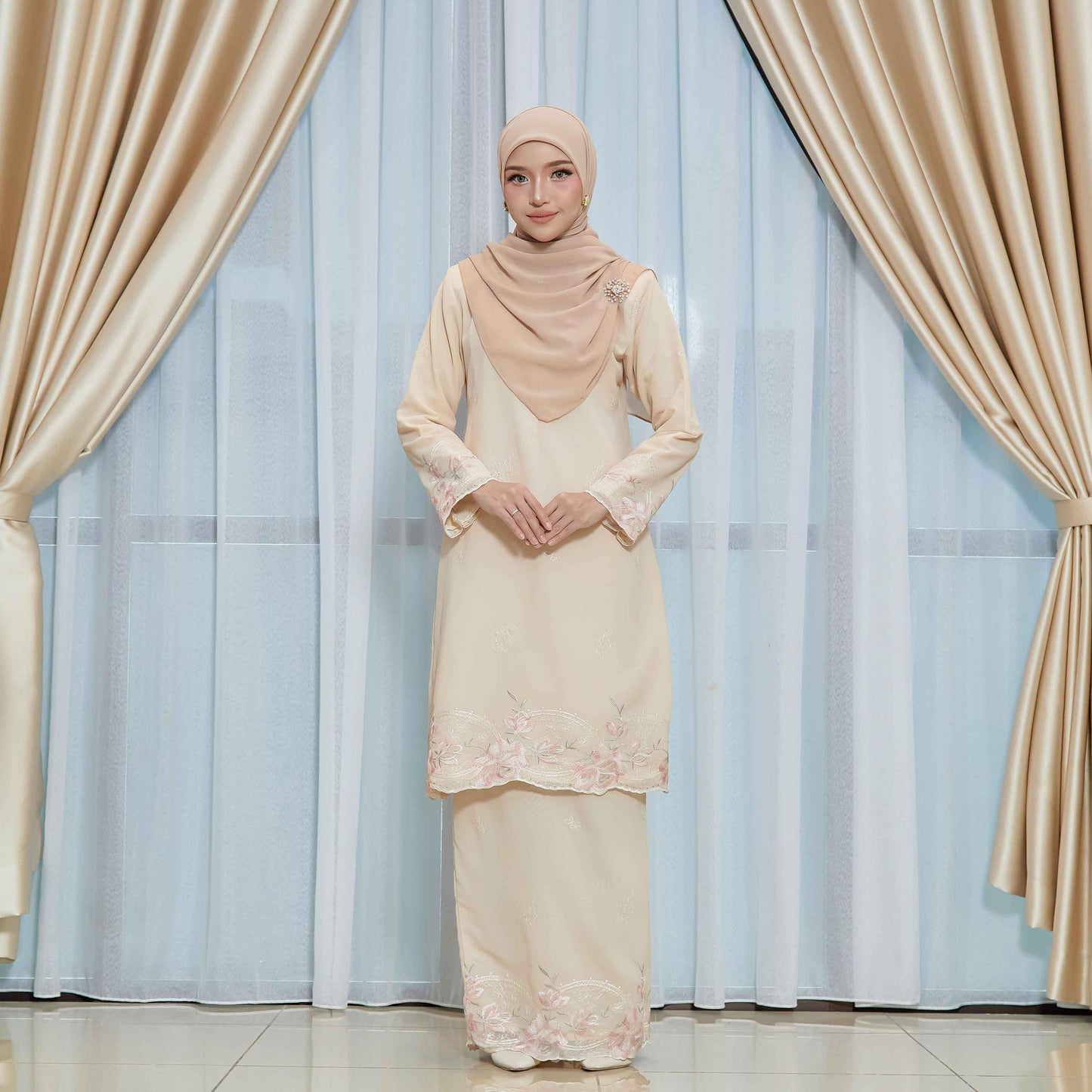 CLARA RIZQA - DEEROSE kurung cantik material chiffon embroidery with lining como crepe