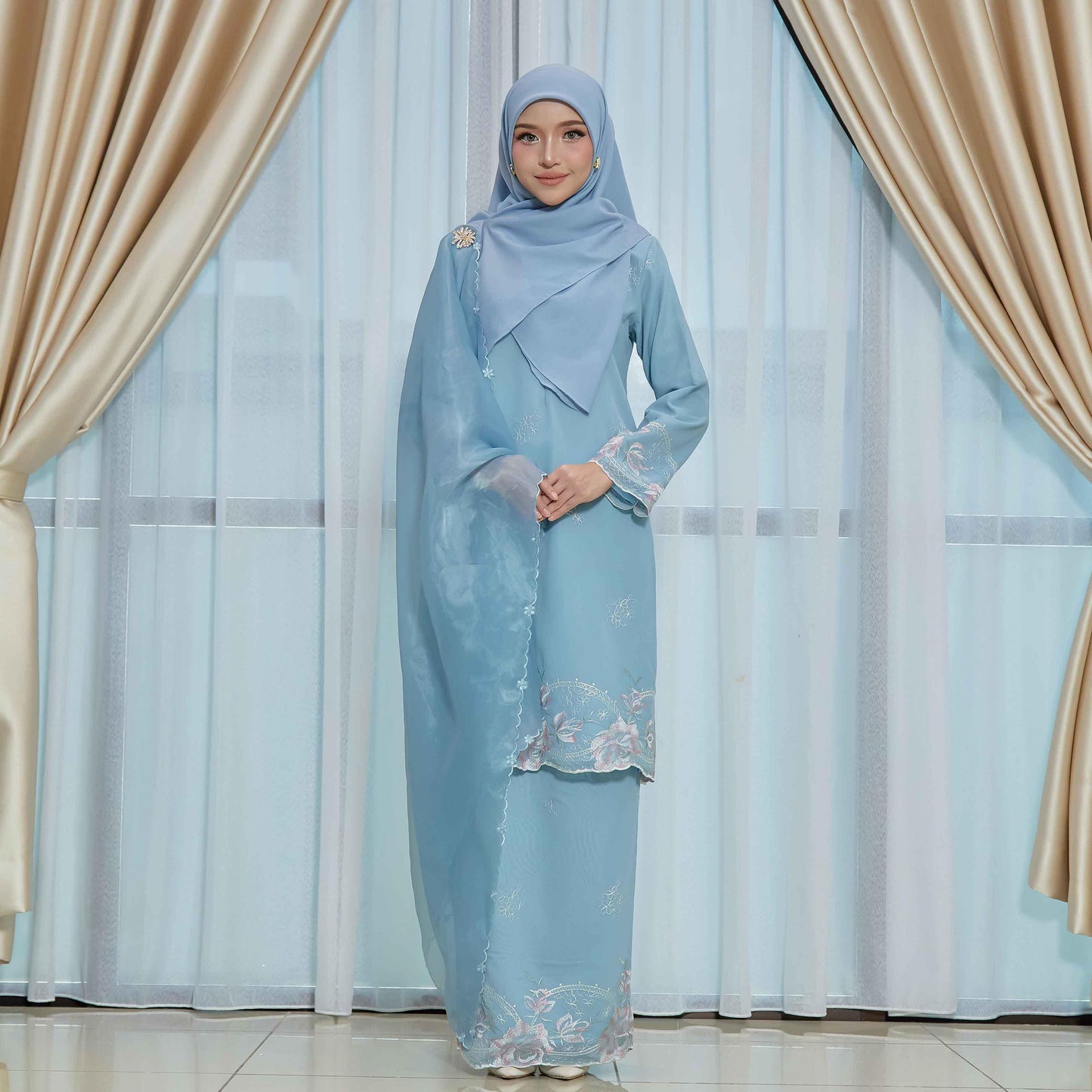CLARA RIZQA - DEEROSE kurung cantik material chiffon embroidery with lining como crepe
