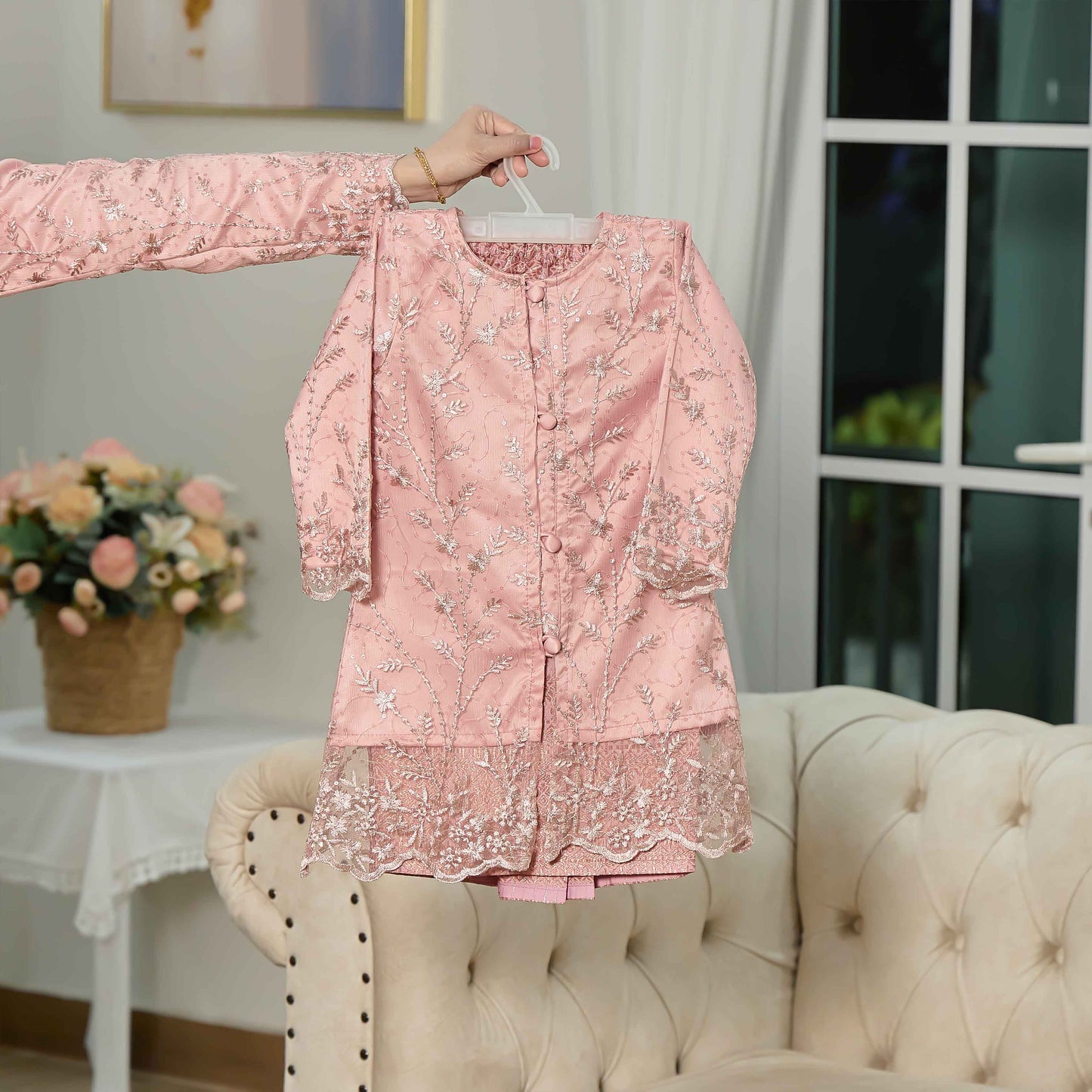 CLARA RIZQA - ROSSABELLE Kids baju kurung muslimah material embroidery lace + satin velvet(lining) + songket