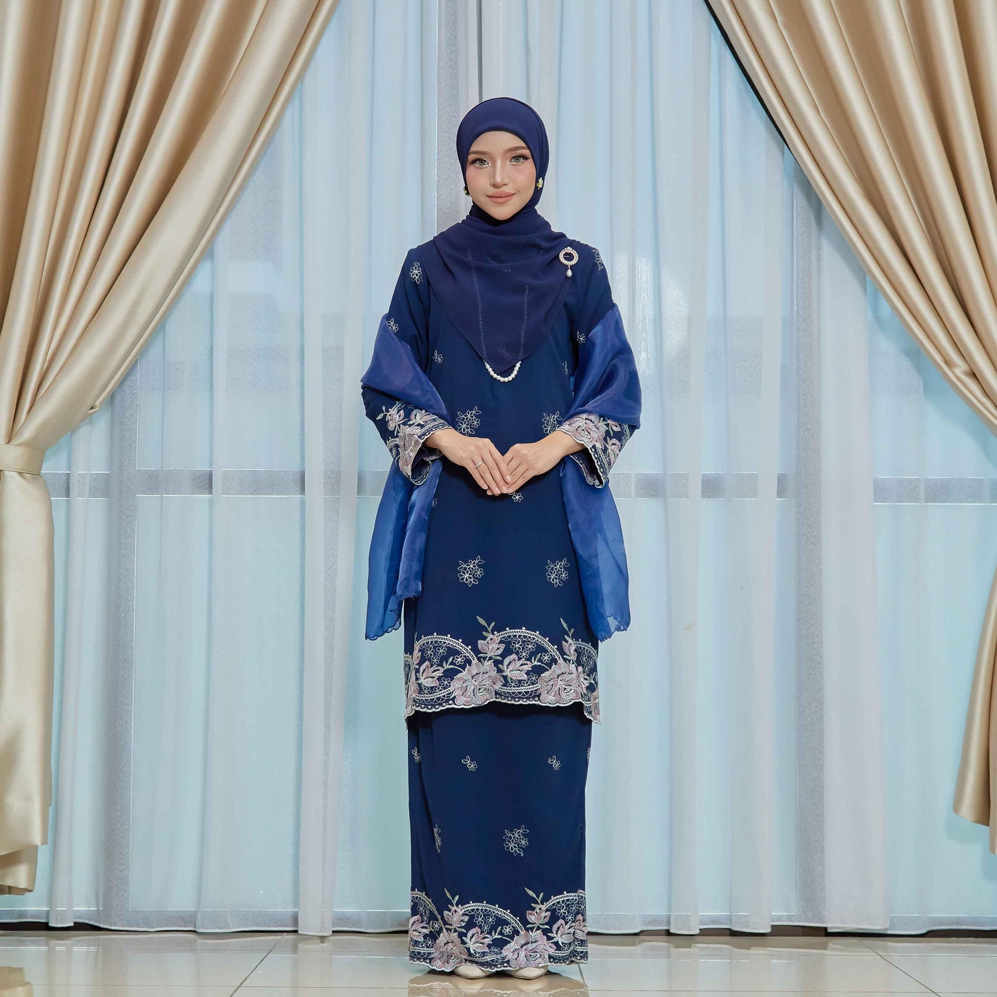 CLARA RIZQA - DEEROSE kurung cantik material chiffon embroidery with lining como crepe
