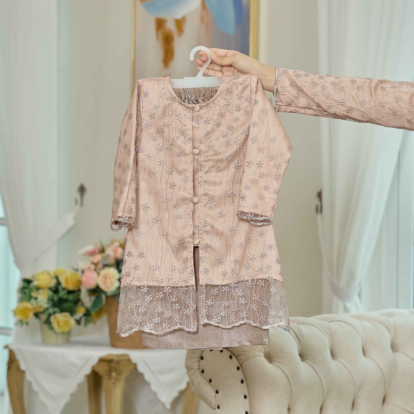 CLARA RIZQA - Laurabelle Kids baju kurung muslimah material embroidery lace + satin velvet(lining) + songket