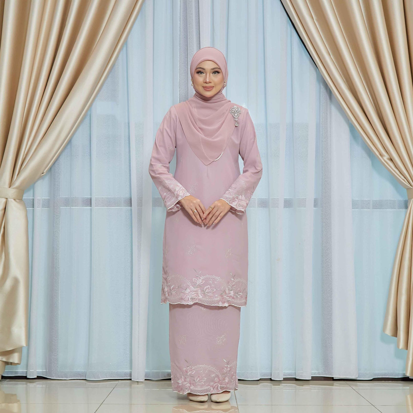 CLARA RIZQA - DEEROSE kurung cantik material chiffon embroidery with lining como crepe