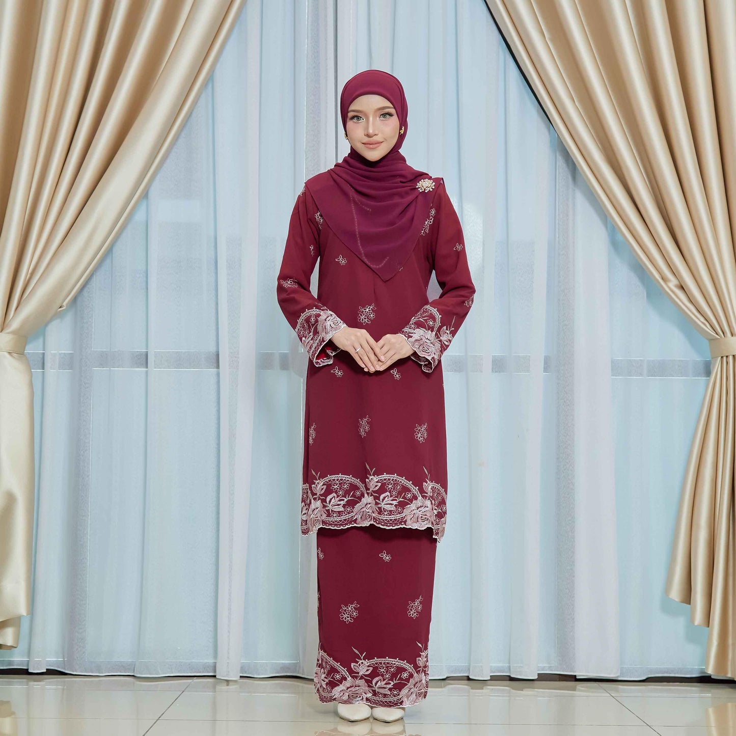 CLARA RIZQA - DEEROSE kurung cantik material chiffon embroidery with lining como crepe